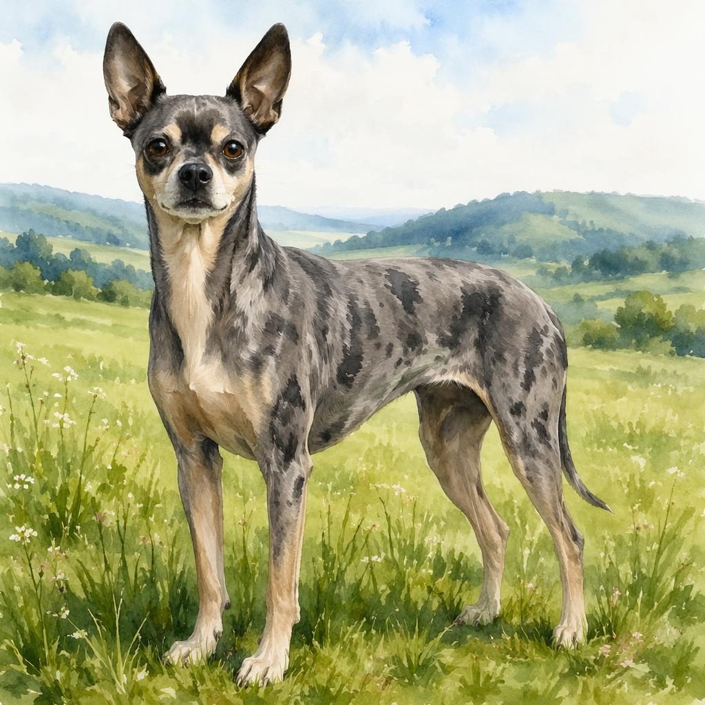 Ein einzelner Seniorhund als Mischrasse im Aquarellstil steht entspannt auf einer grünen Wiese bei weichem Licht.