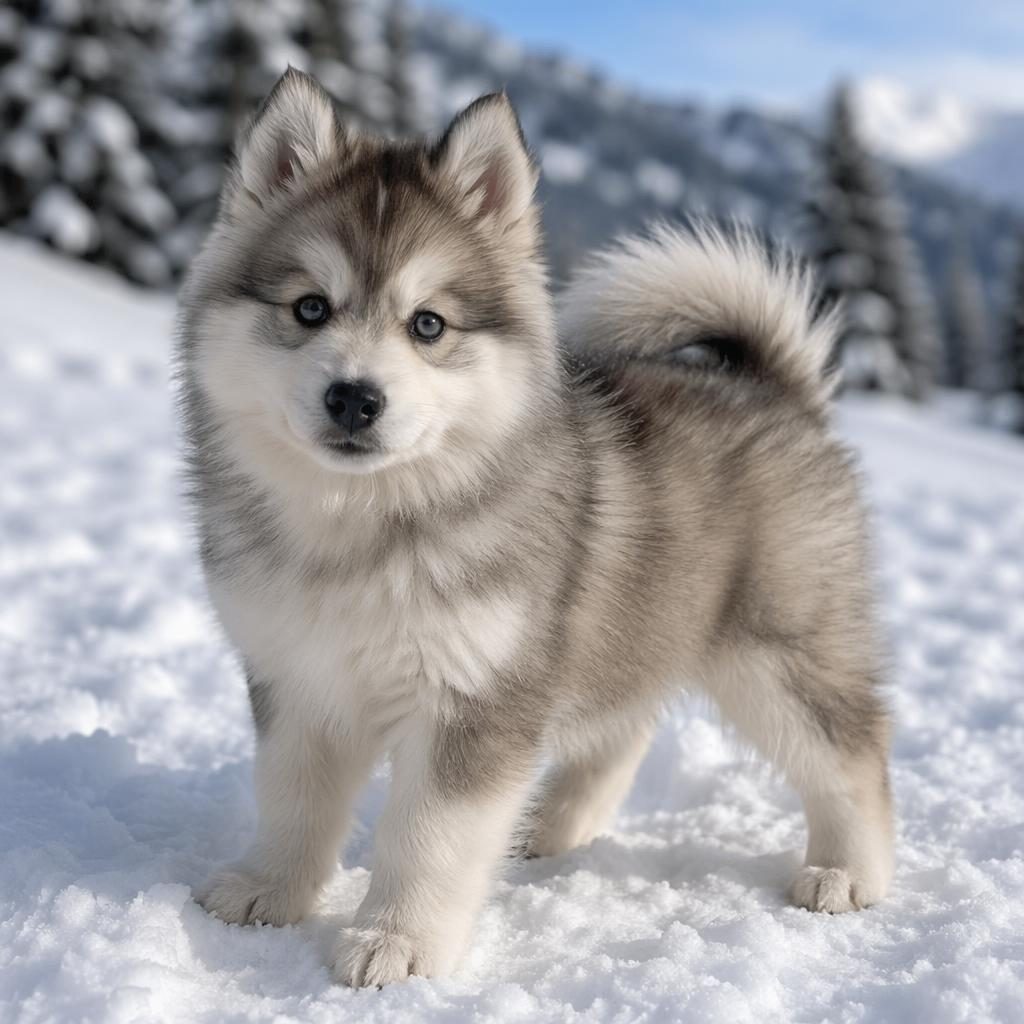 Ein einzelner Husky-Weimaraner-Welpe mit dichtem Fell steht entspannt in einer verschneiten Landschaft bei weichem Licht.