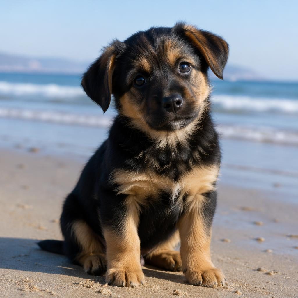 Photo-real illustration of a friendly shepherd dog mix puppy on a beach with soft light and detailed fur