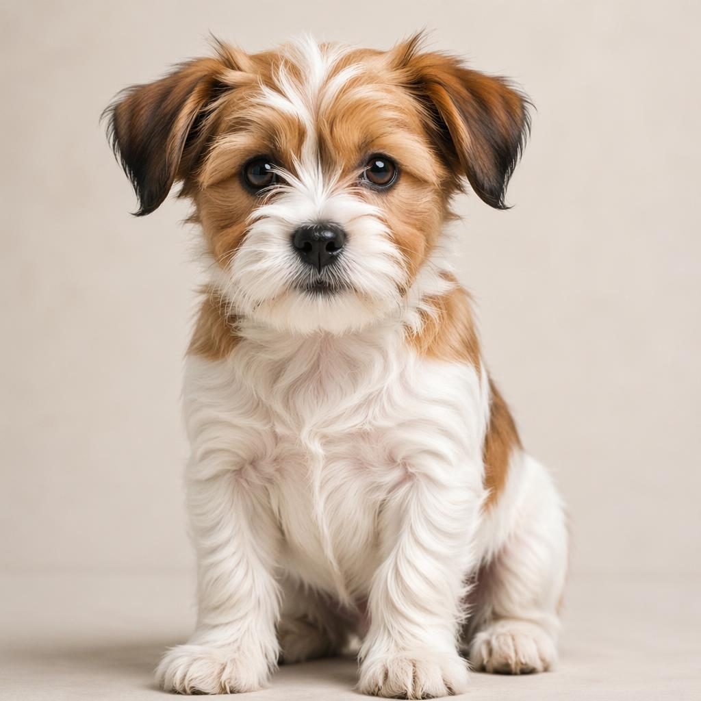 Fotorealistische Illustration eines Shih Tzu-Jack-Russell-Welpen vor weichem neutralem Hintergrund