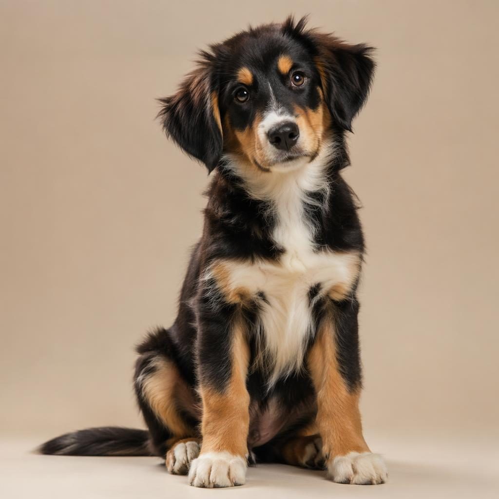Fotorealistischer Eurasier Mix Welpe im Editorial-Stil vor weichem neutralem Hintergrund, entspannt und freundlich