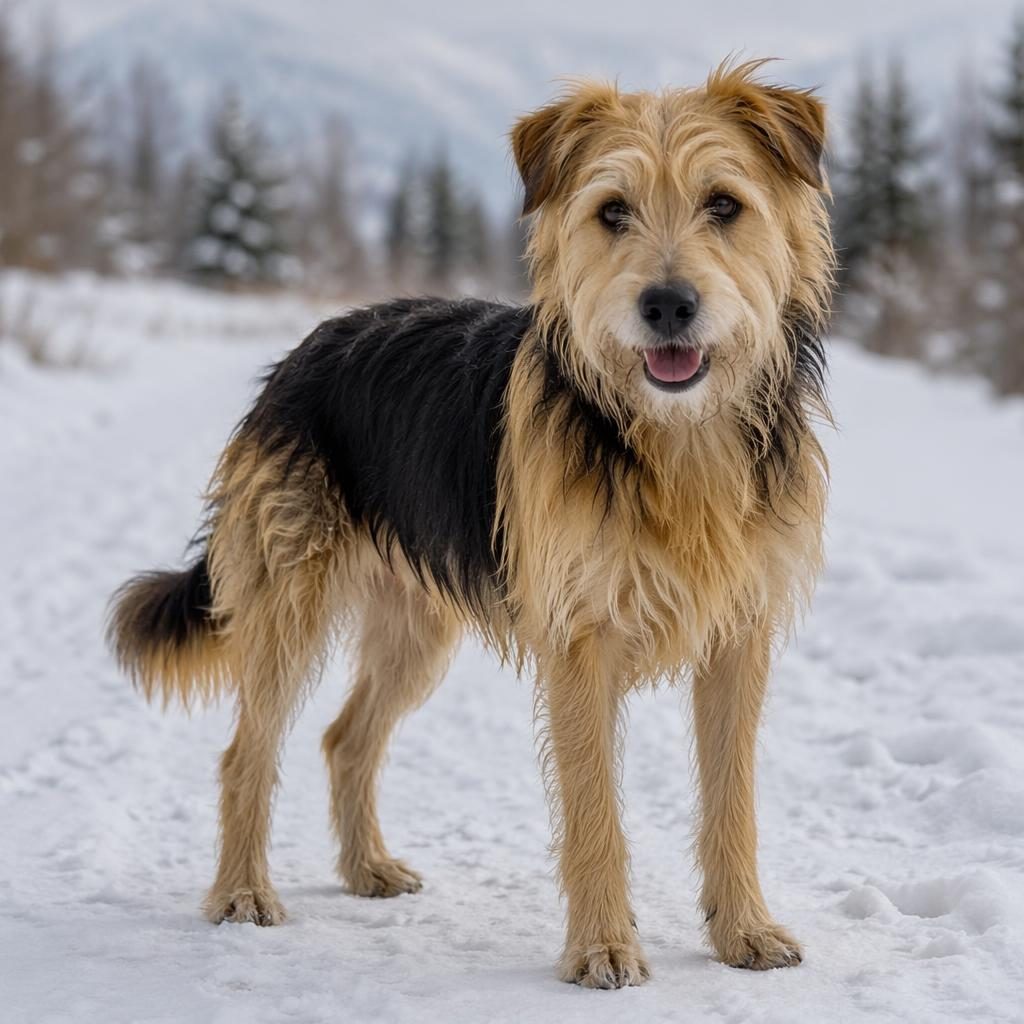 Single scruffy terrier style mixed dog in a snowy studio setting, relaxed expression, soft light and detailed fur