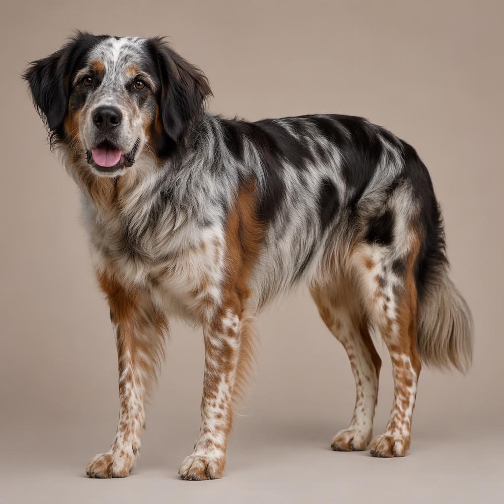 Perro mestizo adulto tipo cruce de setter, posando solo en estudio con fondo neutro, luz suave y expresión amistosa.