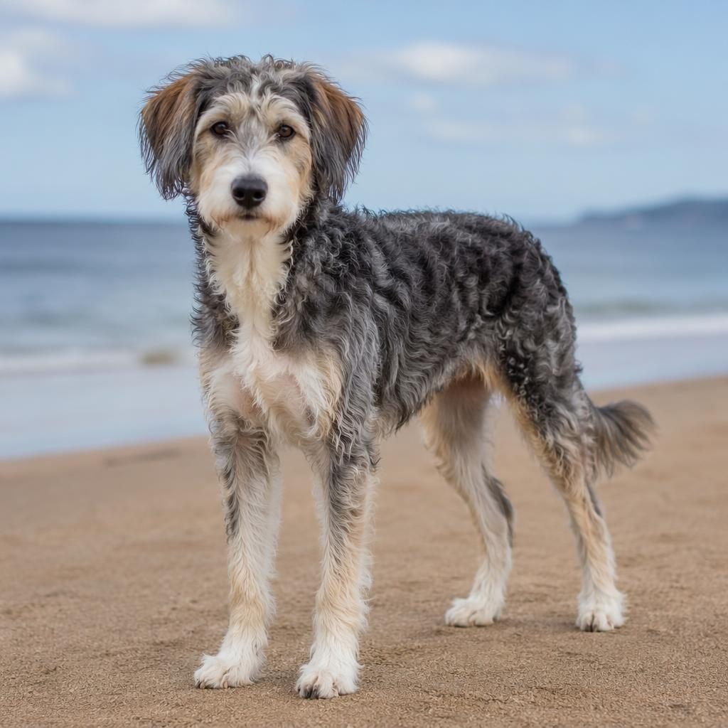 Studio-style beach portrait of a single friendly mixed-breed dog with curly fur, sturdy build, and sharp realistic detail.