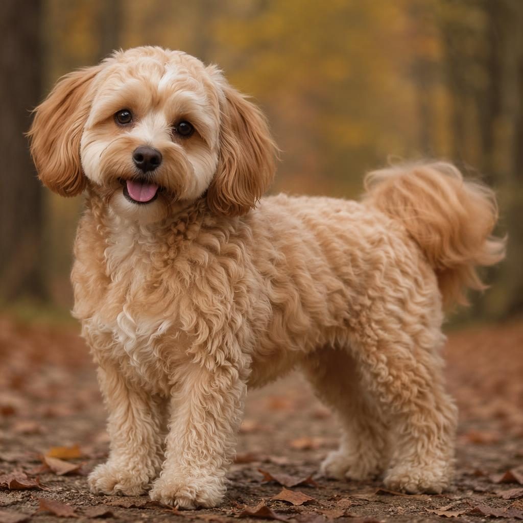 Single senior mixed-breed dog with Shiba Inu and Beagle traits standing in an autumn forest, relaxed and well-groomed.