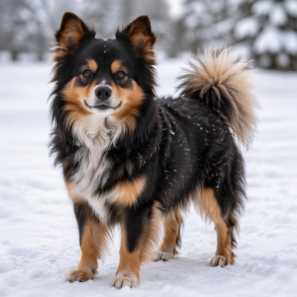 Ein einzelner ausgewachsener Chihuahua-Zwergspitz-Mix in verschneiter Landschaft, freundlich, gepflegt und fotorealistisch.