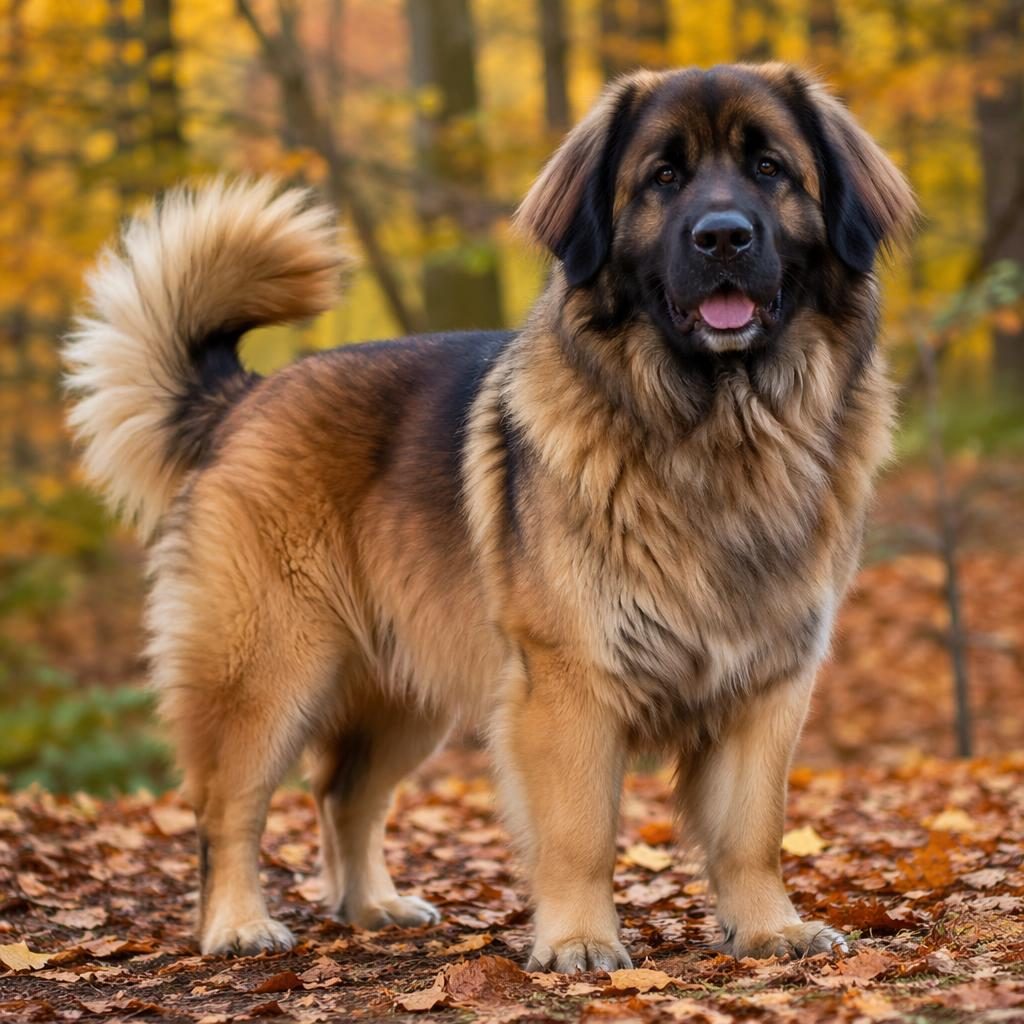 Editorial portrait of a single fluffy leonberger mix dog in an autumn forest, relaxed expression, soft natural light