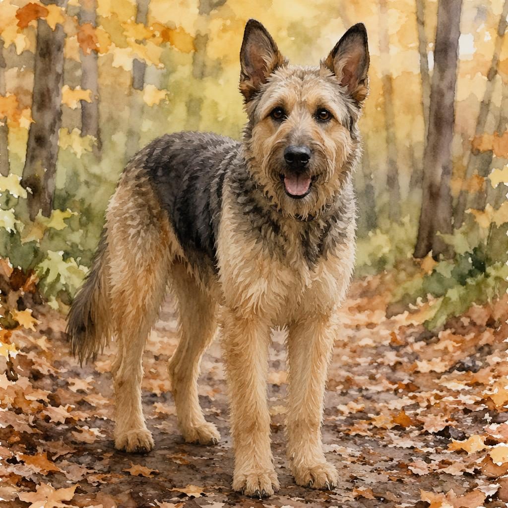Senior-Hund als Pudel-Mix im Herbstwald, freundlich entspannt, mit weichem Fell, natürlichem Licht und Aquarellstil
