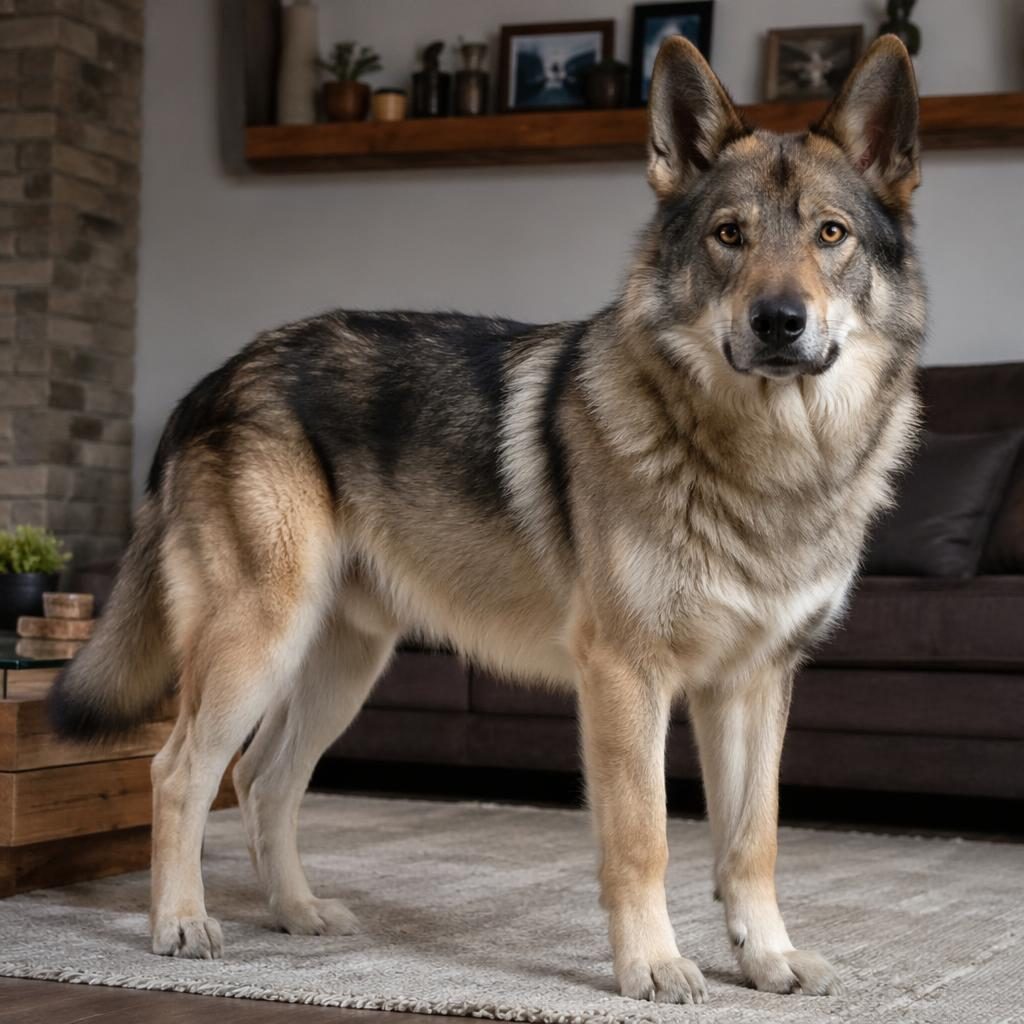 Senior-Hund als wolfs schäferhund Mix, entspannt im gemütlichen Wohnzimmer, weiches Licht, realistisches Fell