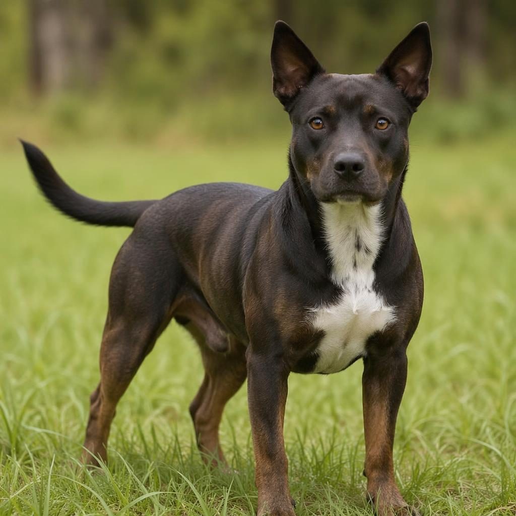 Realistic young adult kelpie x staffy style mixed dog standing in a grass meadow with soft natural light