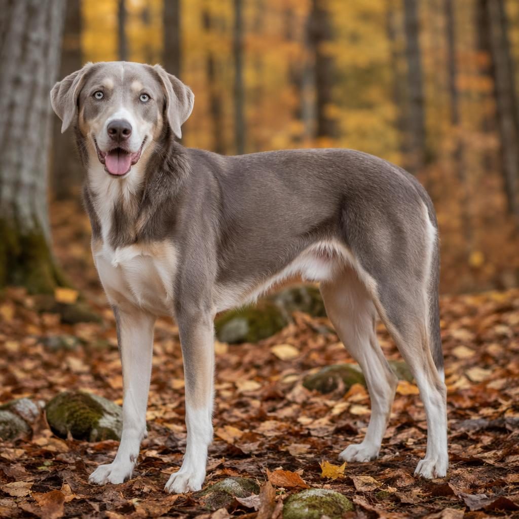 Senior pointer hound mix dog standing in an autumn forest, relaxed and well-groomed in soft natural light