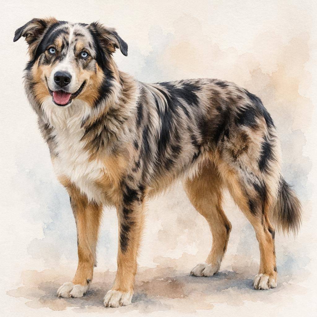 Ein einzelner entspannter Hund als Australian Shepherd Husky Schäferhund Mischling im Aquarellstil vor neutralem Hintergrund.