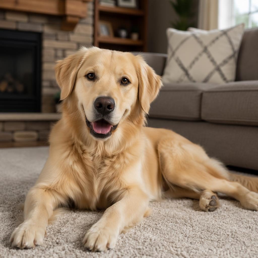 Senior mixed-breed dog with Doberman and Rottweiler traits relaxing in a cosy living room in soft natural light