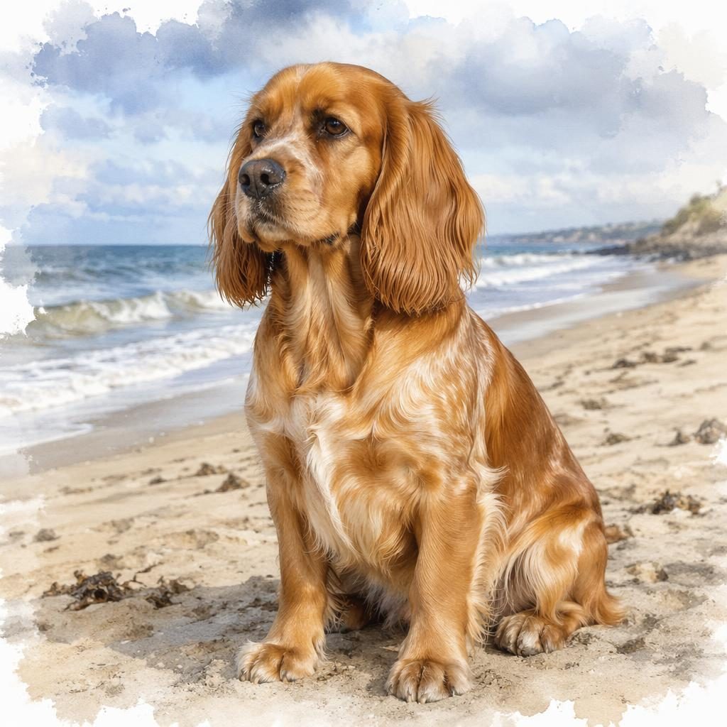 Ein einzelner freundlicher Hundemix im Aquarellstil am Strand, mit realistischer Fellstruktur und seltener Fellfarbe.