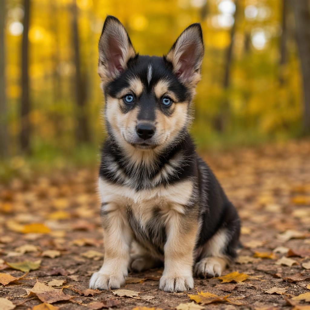 Studio-style photo of a single relaxed senior mixed-breed dog in an autumn forest with realistic fur and soft light