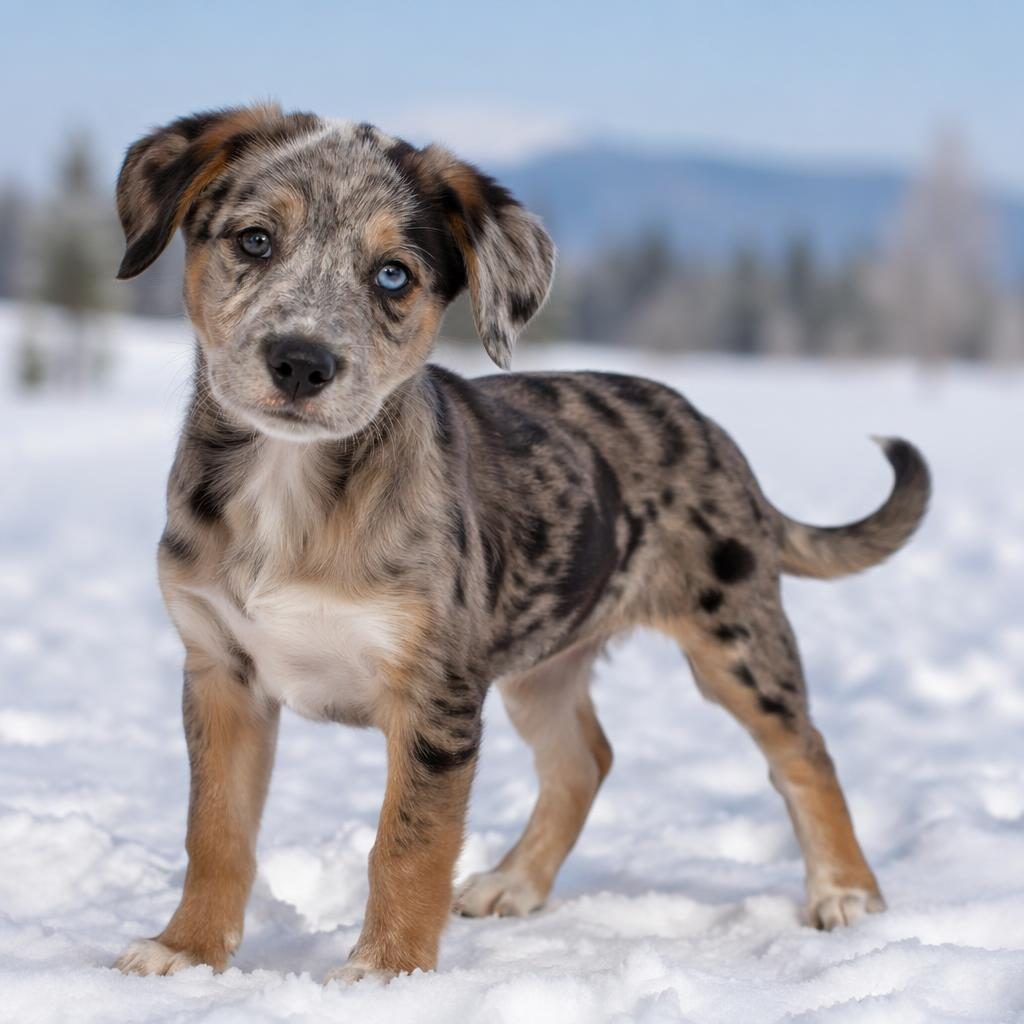 Single mixed-breed puppy in a snowy studio scene, relaxed and friendly, with realistic fur, soft light, and sharp focus.