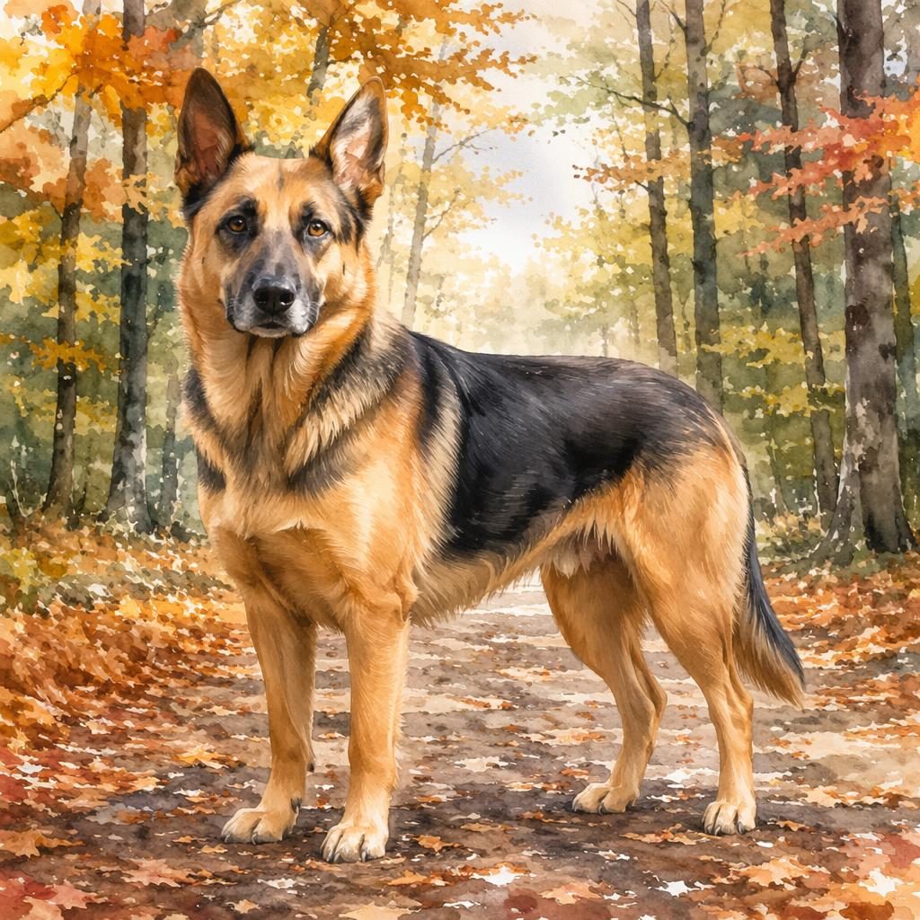 Chien seul style aquarelle, pelage réaliste, expression douce, dans une forêt d’automne en lumière naturelle