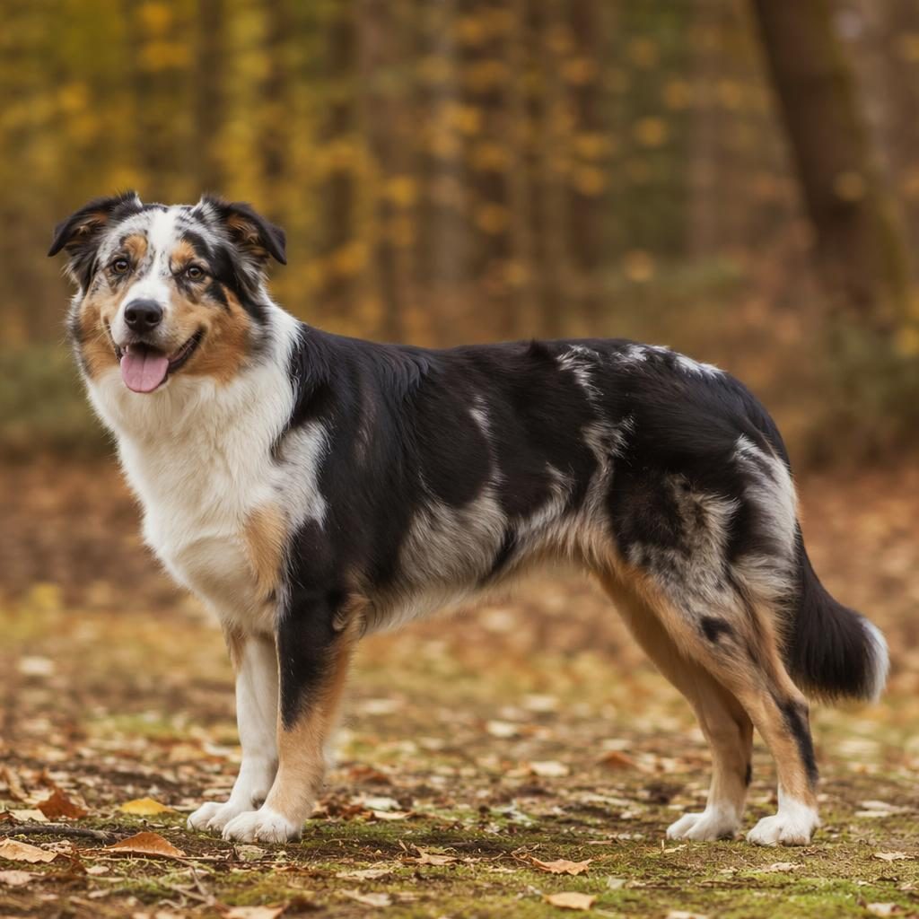 Ein einzelner Australian Shepherd Ridgeback Mix als Studiofoto im herbstlichen Wald, entspannt, gepflegt, mit scharfem Fell.