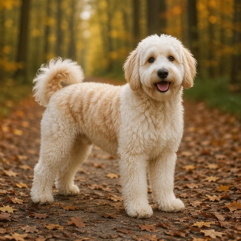Senior mixed-breed dog with Akita and Saint Bernard traits standing in an autumn forest, soft light, realistic fur