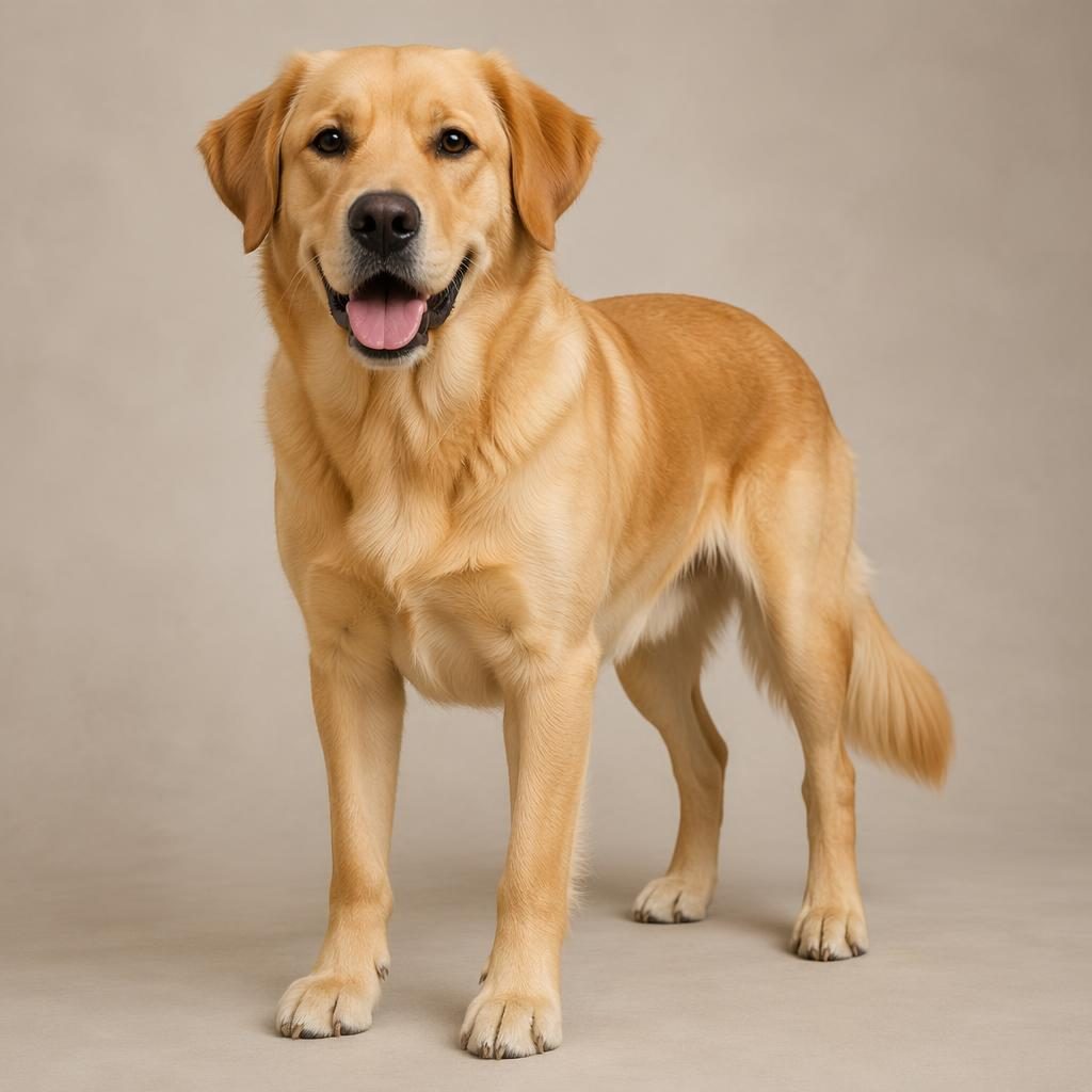 Studio portrait of a young adult Golden Retriever Labrador mix with golden-yellow coat and relaxed expression