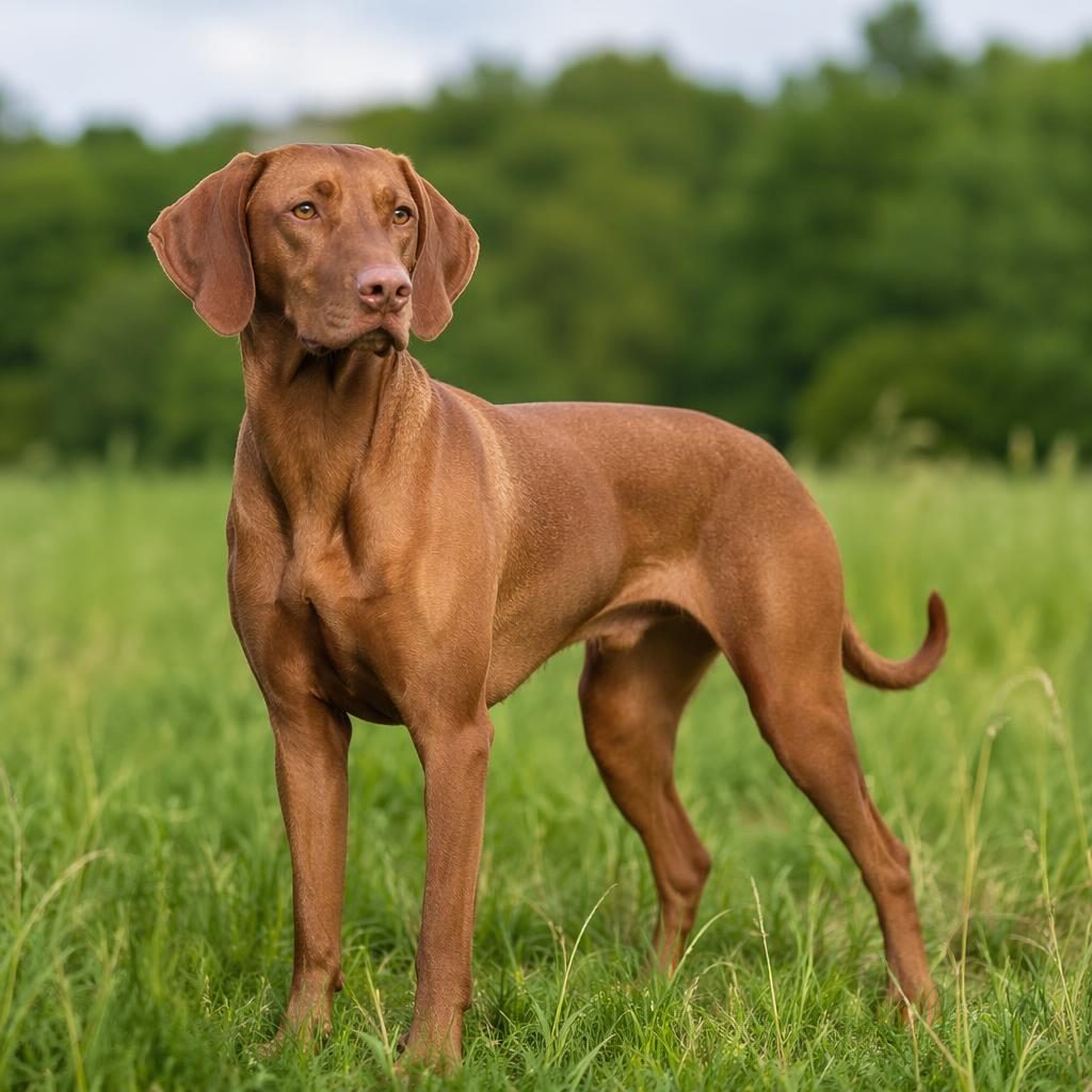 Fotorealistische Illustration eines einzelnen jungen Hundes auf einer grünen Wiese, freundlich und entspannt.
