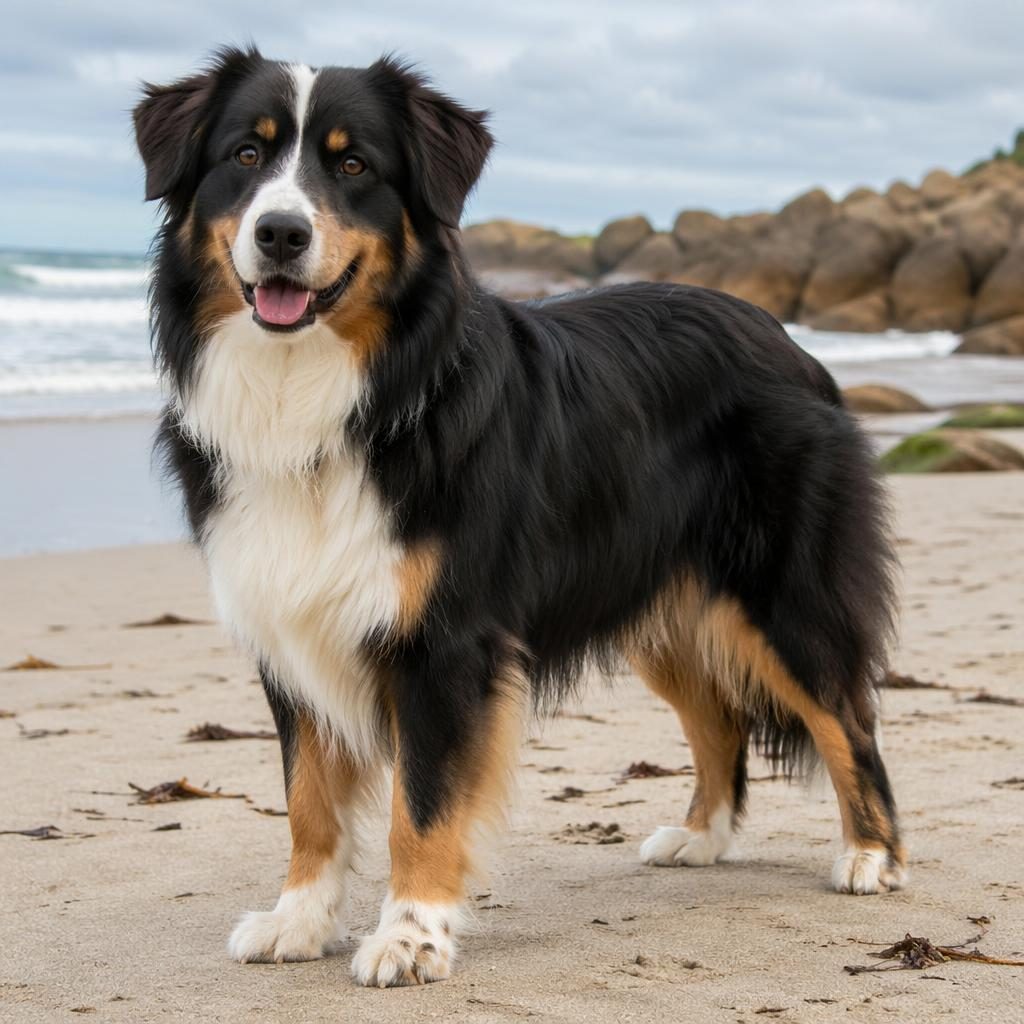 Ein einzelner entspannter Mischlingshund als fotorealistische Illustration am Strand, mit weichem Licht und seltener Fellfarbe.