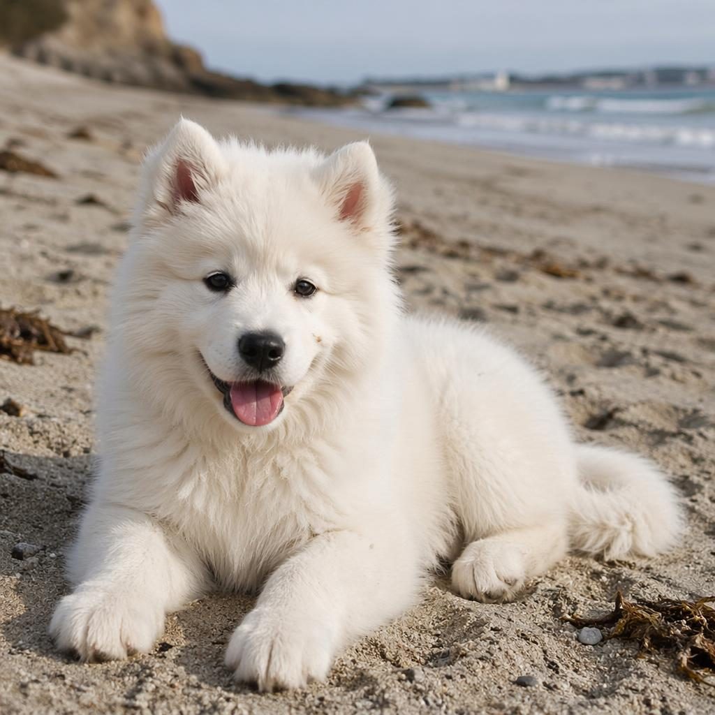 Photo-real illustration of a friendly siberian shepherd puppy mix standing on a beach in soft natural light.