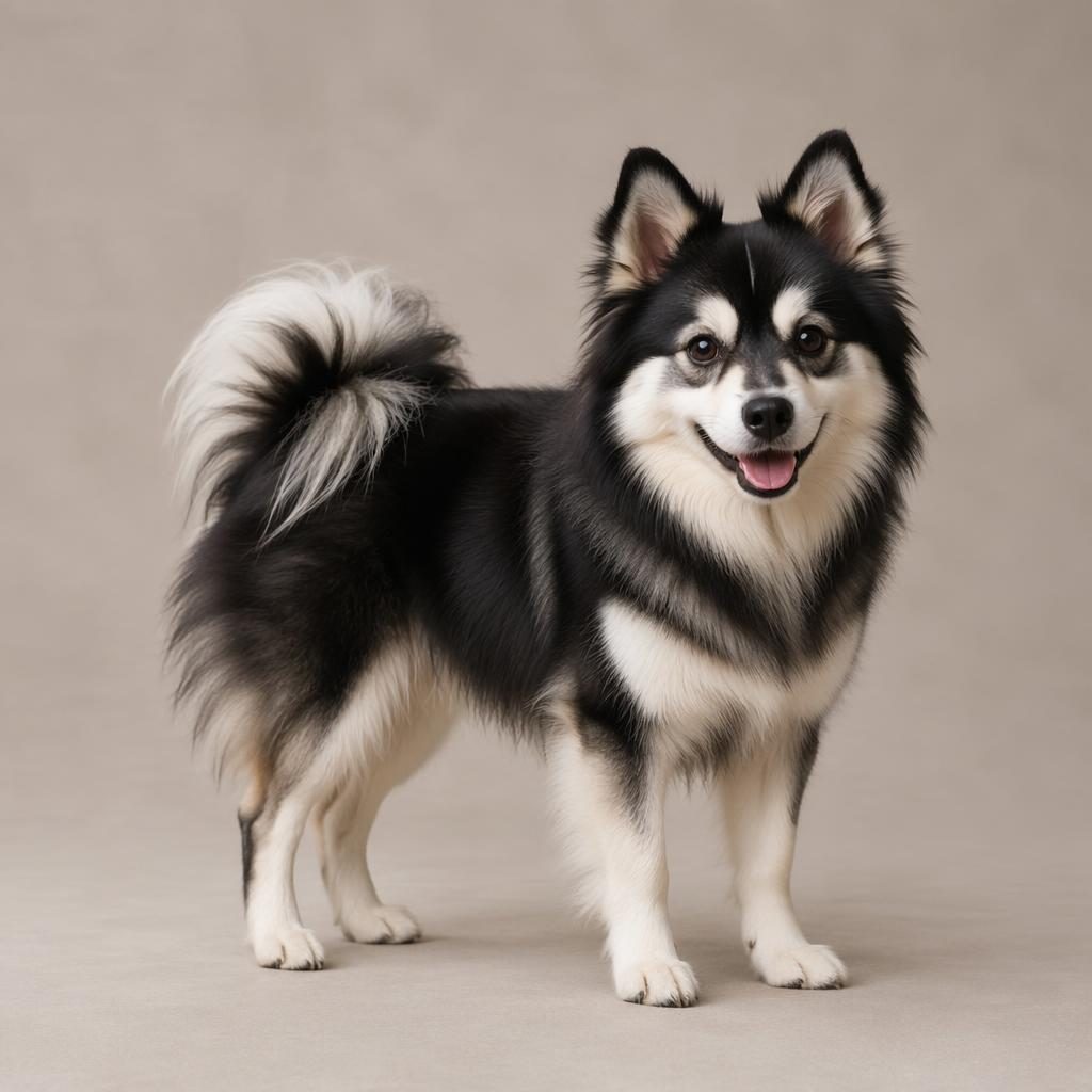 Studio portrait of a single pomeranian husky mix dog on a soft neutral background with fluffy coat and relaxed expression.