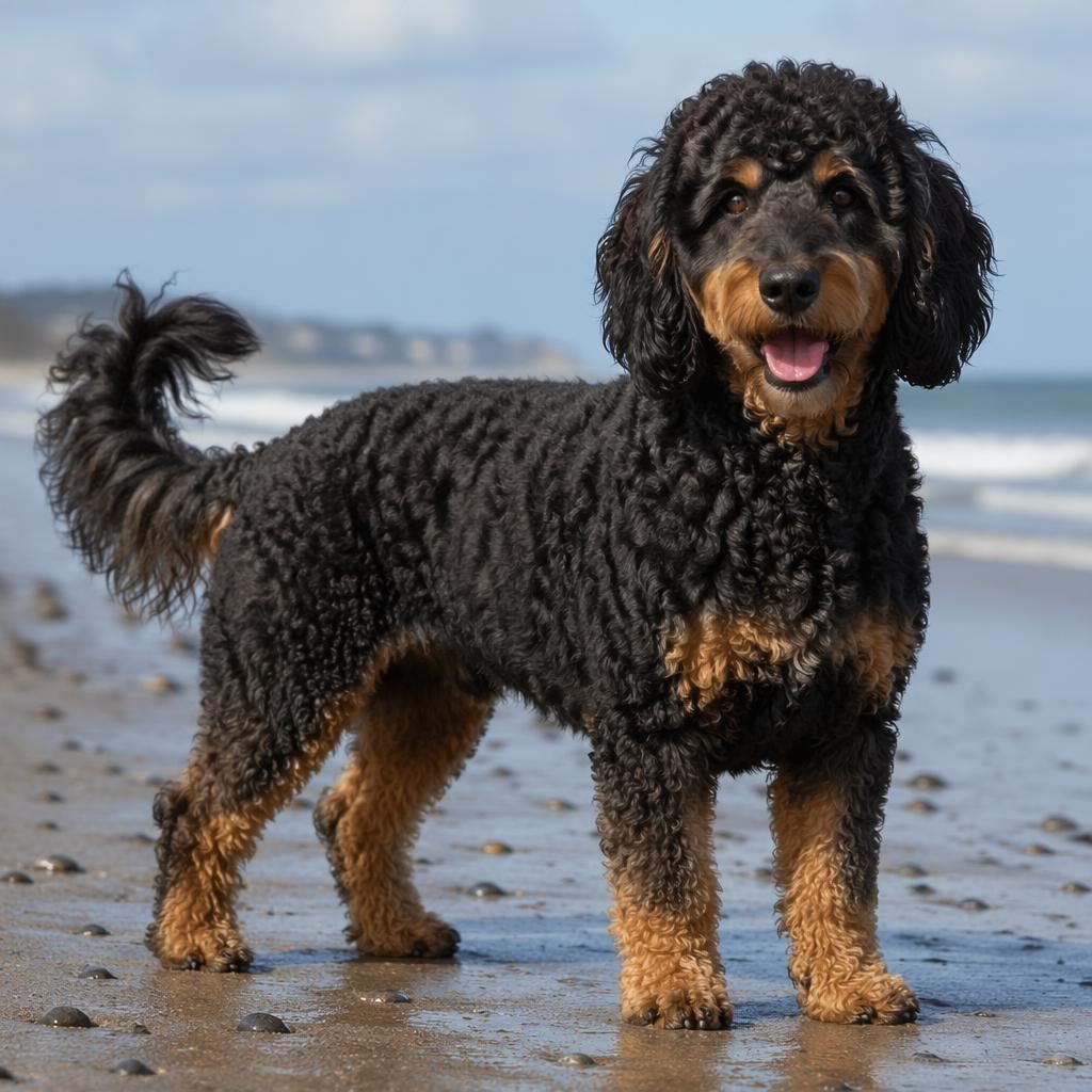 Photoreal beach illustration of a single friendly dog mix with shepherd-like build, unusual coat, and relaxed pose