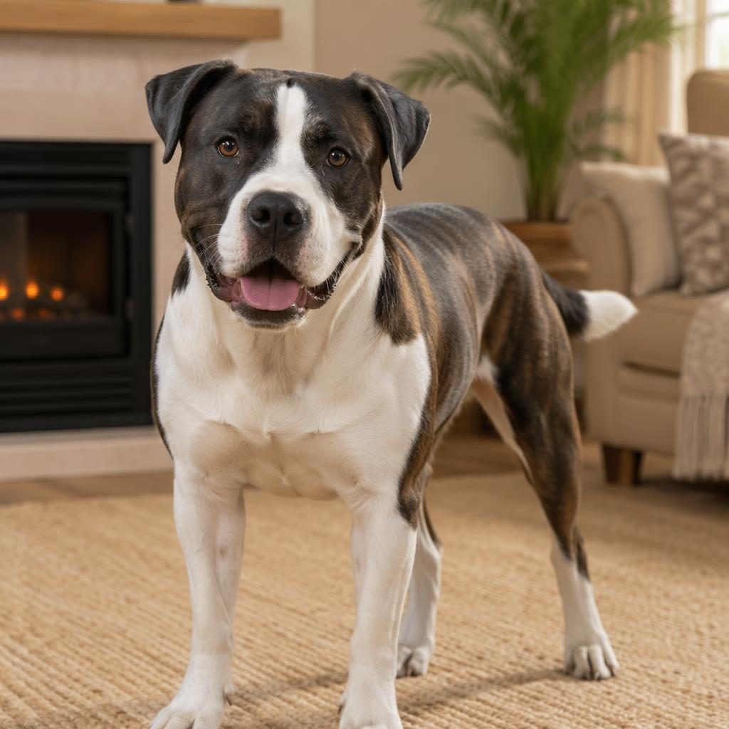 Senior bull dog cross breed dog resting in a cozy living room, soft natural light, realistic fur, relaxed friendly look