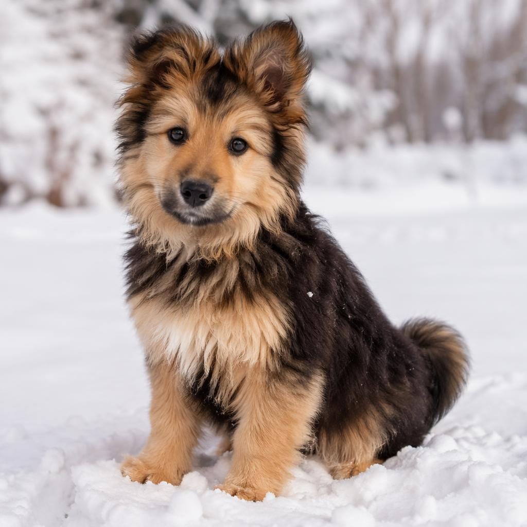 Photoreal paperanian puppy with soft coat, floppy ears, and a relaxed expression in a snowy outdoor setting