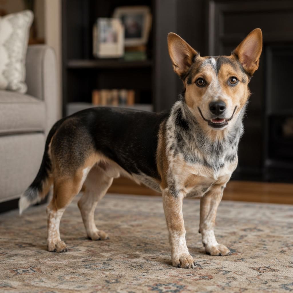 Realistic single young adult beagle dachshund mix dog in a cozy living room, relaxed, well-groomed, sharp fur detail