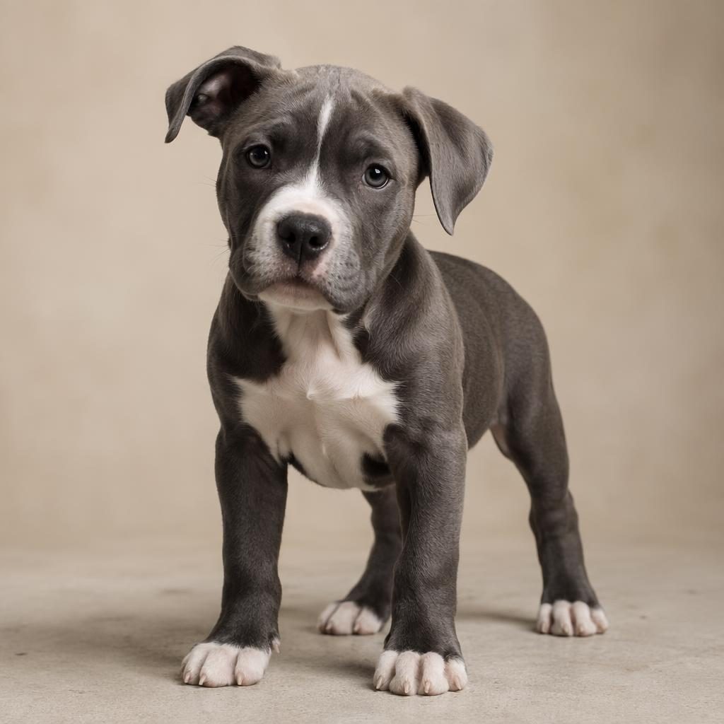 Cachorro mestizo tipo cruce de pitbull con boxer, ilustración realista sobre fondo neutro y luz suave