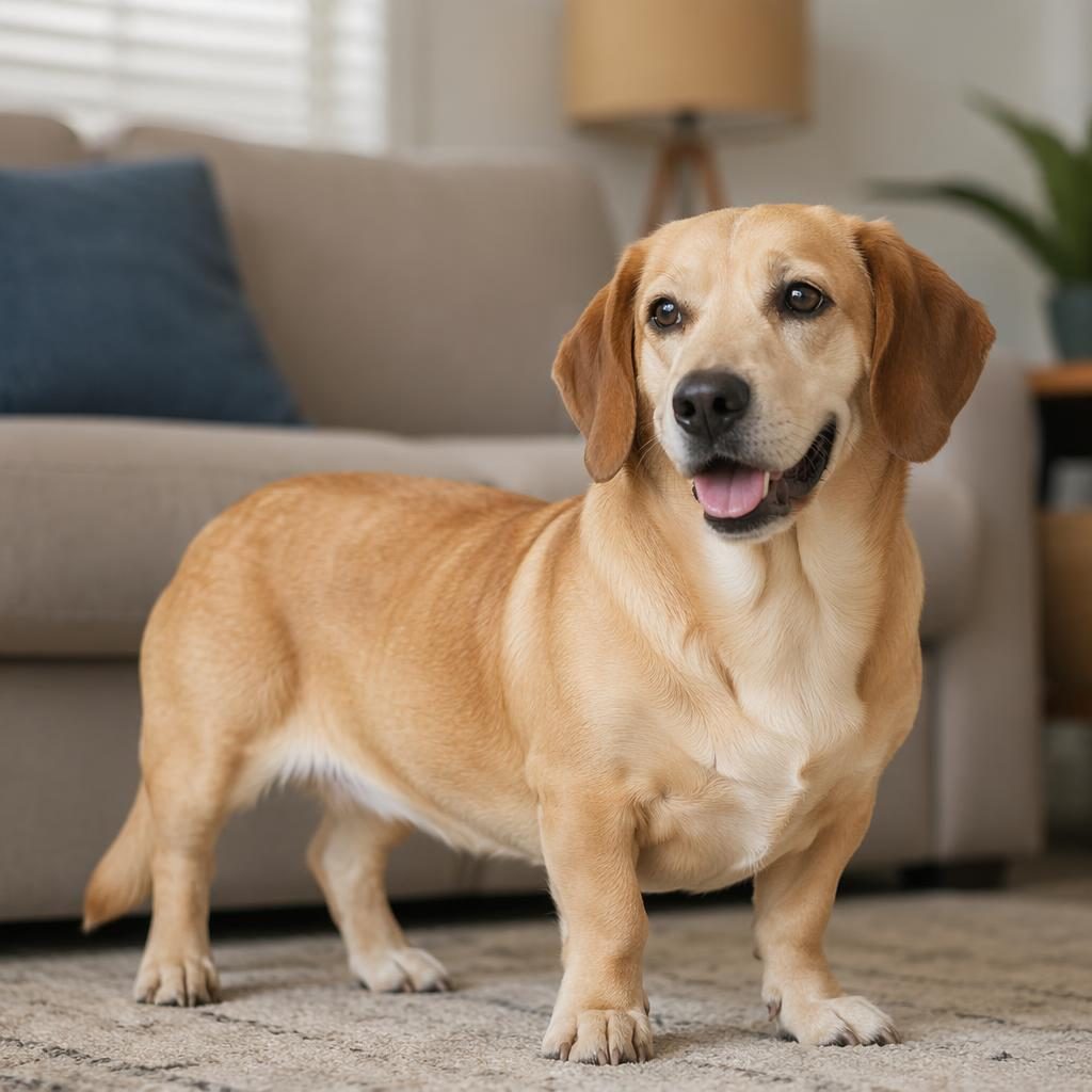 Senior basset retriever mixed dog resting in a cozy living room, relaxed and friendly, with soft natural light.