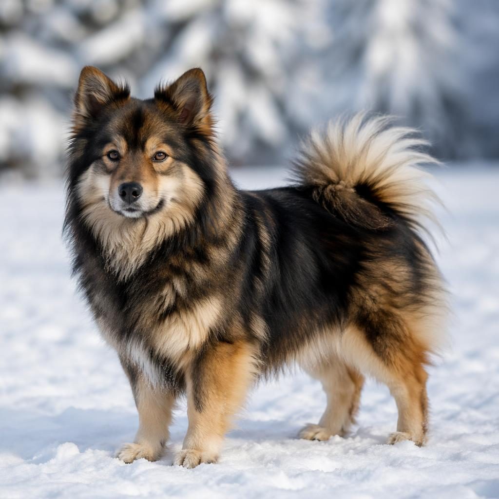 Ein einzelner, freundlicher finnischer lapphund mischling in Studiooptik vor verschneiter Landschaft, mit seltener Fellfarbe.