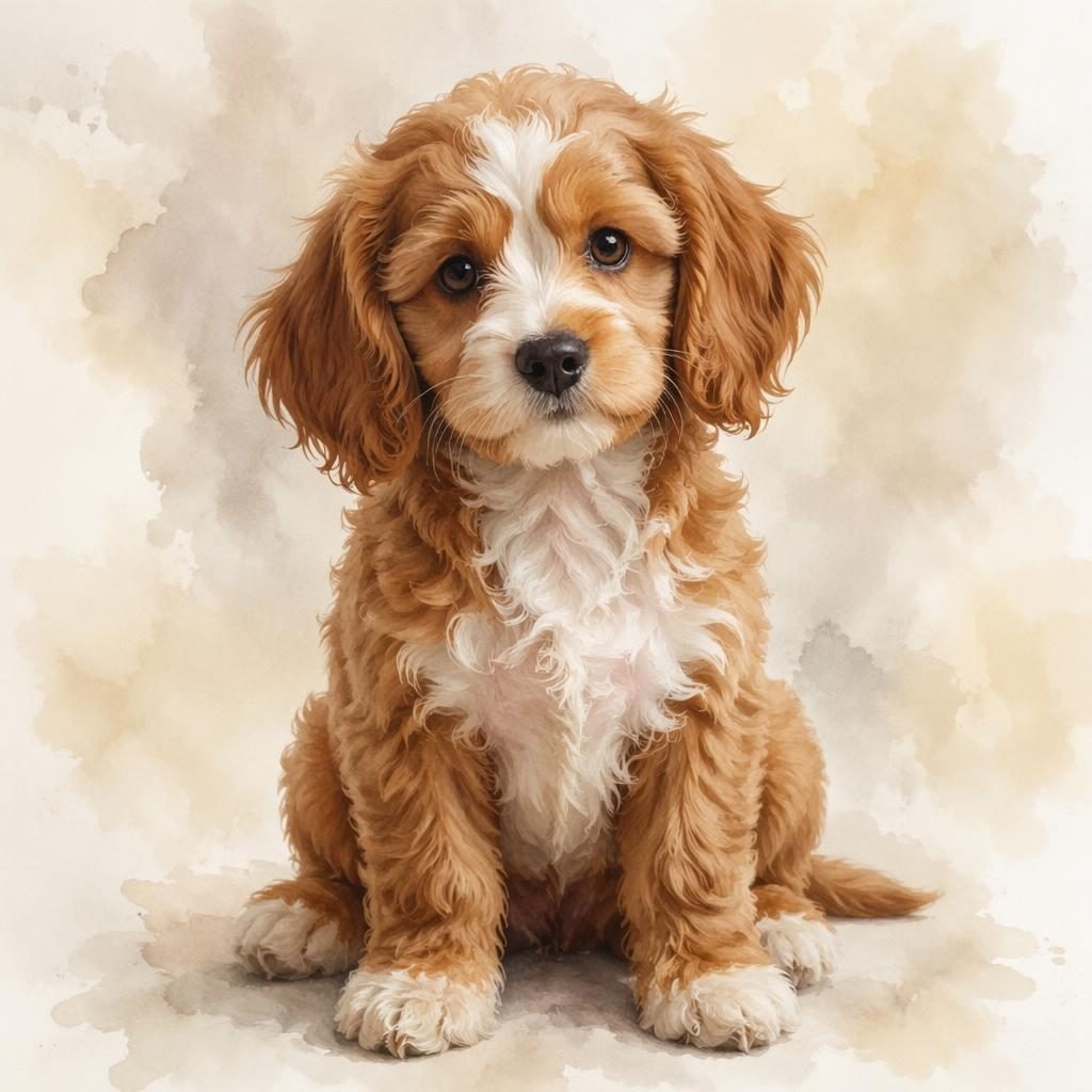 Watercolor-style puppy resembling a king charles spaniel poodle mix on a soft neutral background, relaxed and well-groomed.