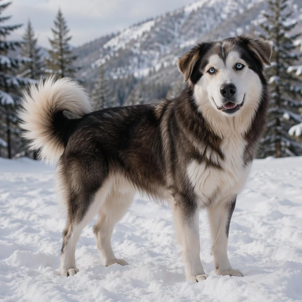 Illustration réaliste d’un chien croisé husky adulte, seul dans un paysage enneigé, poil rare, expression calme.
