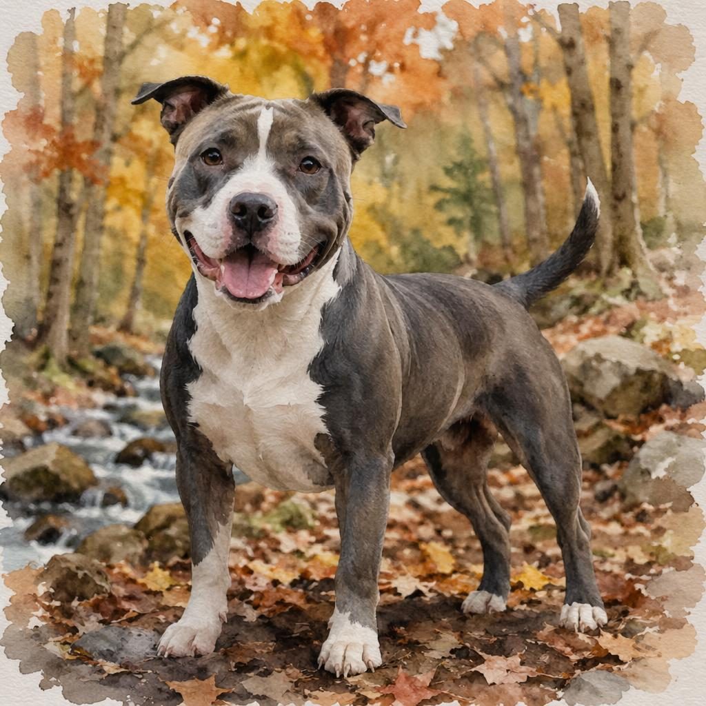 Watercolor-style portrait of a single friendly staffordshire mix dog in an autumn forest with soft light and detailed fur.