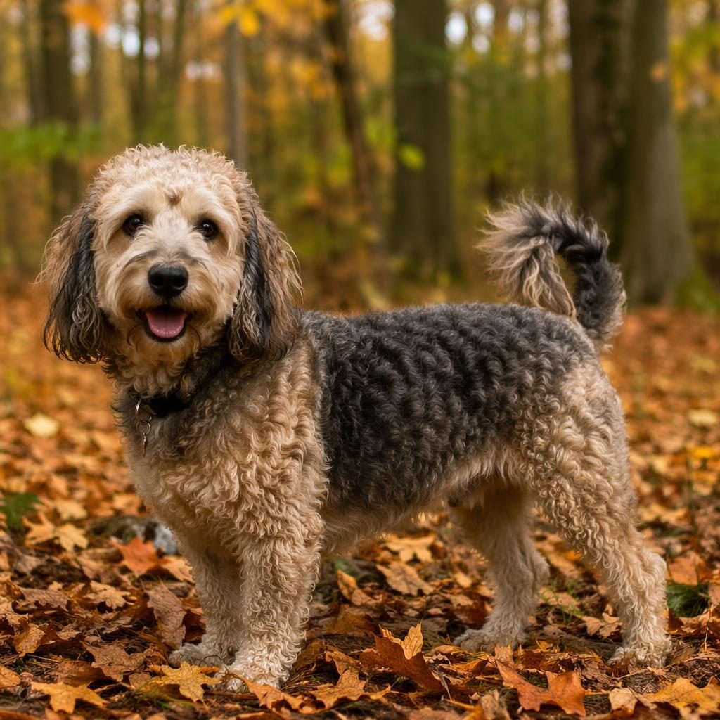 Senior hybrid dog with husky and weimaraner traits standing in an autumn forest, relaxed, well-groomed, in soft light