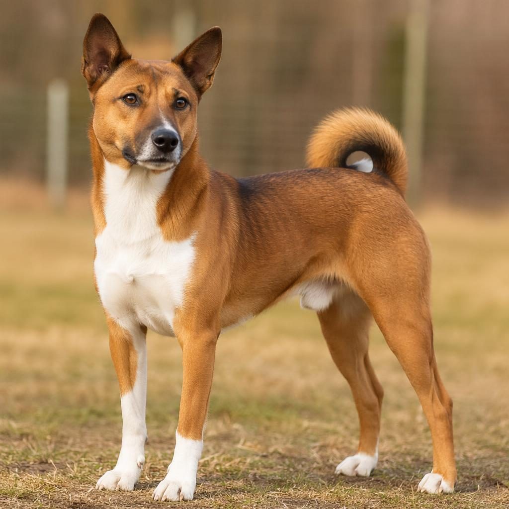 Ein einzelner realistischer Hybridhund im Freien mit ungewöhnlicher Fellfarbe, entspanntem Blick und neutralem Hintergrund.