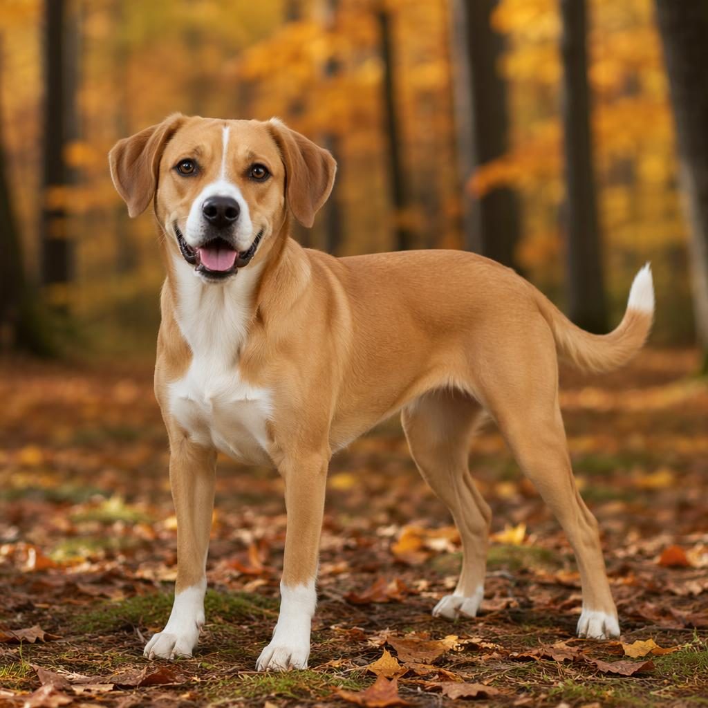 Studio-style portrait of a single friendly beagle labrador mix dog in an autumn forest with soft natural light.