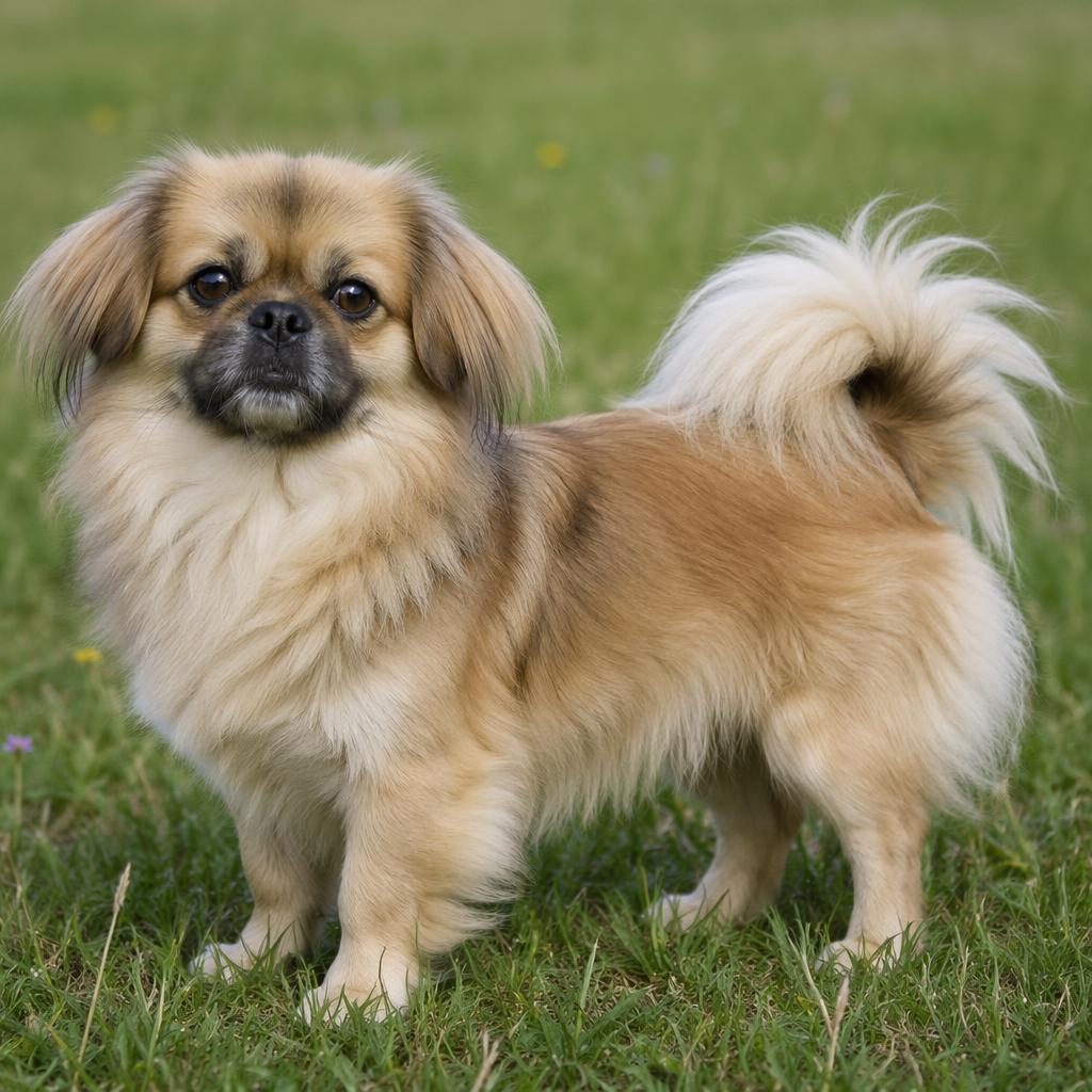 Illustration photo-réaliste d’un chien senior croisé pekinois, détendu, seul dans une prairie herbeuse, pelage soigné.