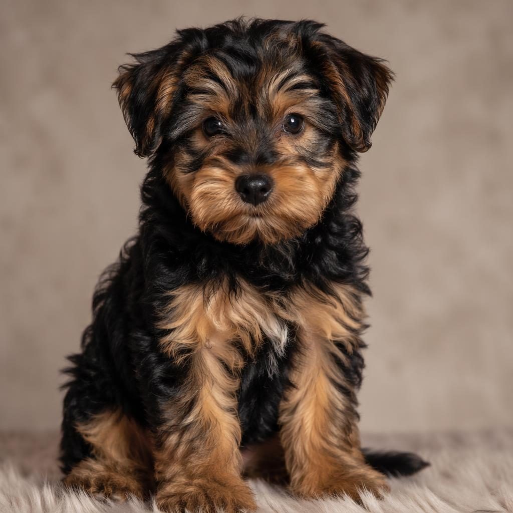 Cachorro mestizo de perro, retrato en estudio con fondo neutro, pelaje cuidado, luz suave y expresión amigable.