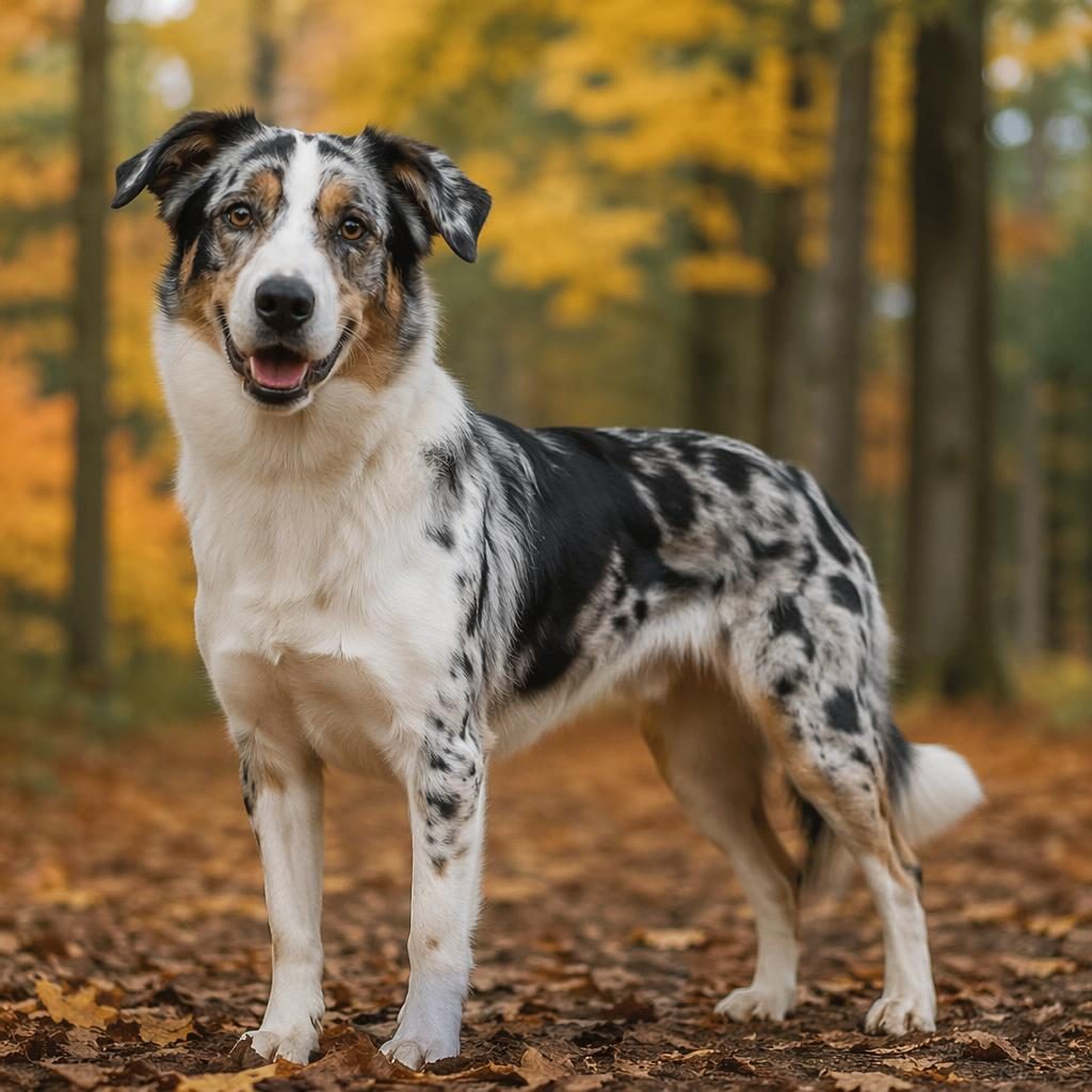 Single young adult mixed-breed dog in an autumn forest, relaxed and friendly, with realistic fur and soft natural light.