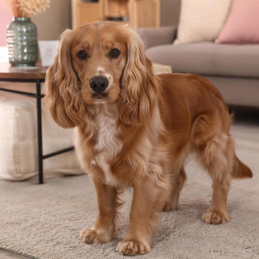 Illustration photoréaliste d’un cocker croisé epagneul, chien unique détendu dans un salon cosy, pelage soigné en lumière douce.