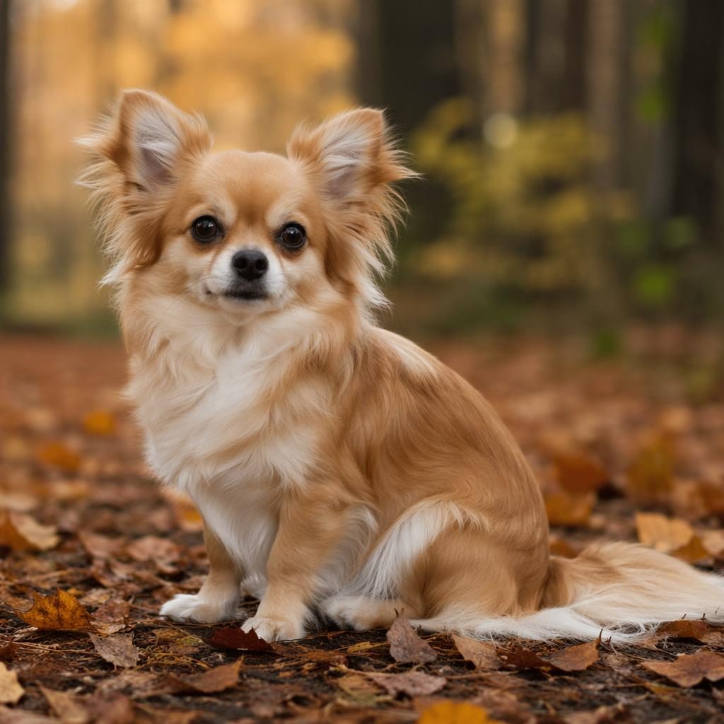 Ein einzelner senior Hund im Editorial-Porträt, entspannt im Herbstwald, mit weichem Licht und detailreicher Fellstruktur.