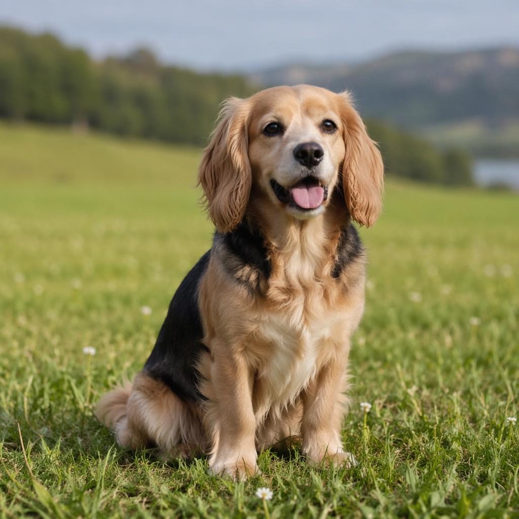 Senior aspin crossbreed dog standing in a grass meadow, fluffy mixed coat, relaxed friendly expression, soft daylight