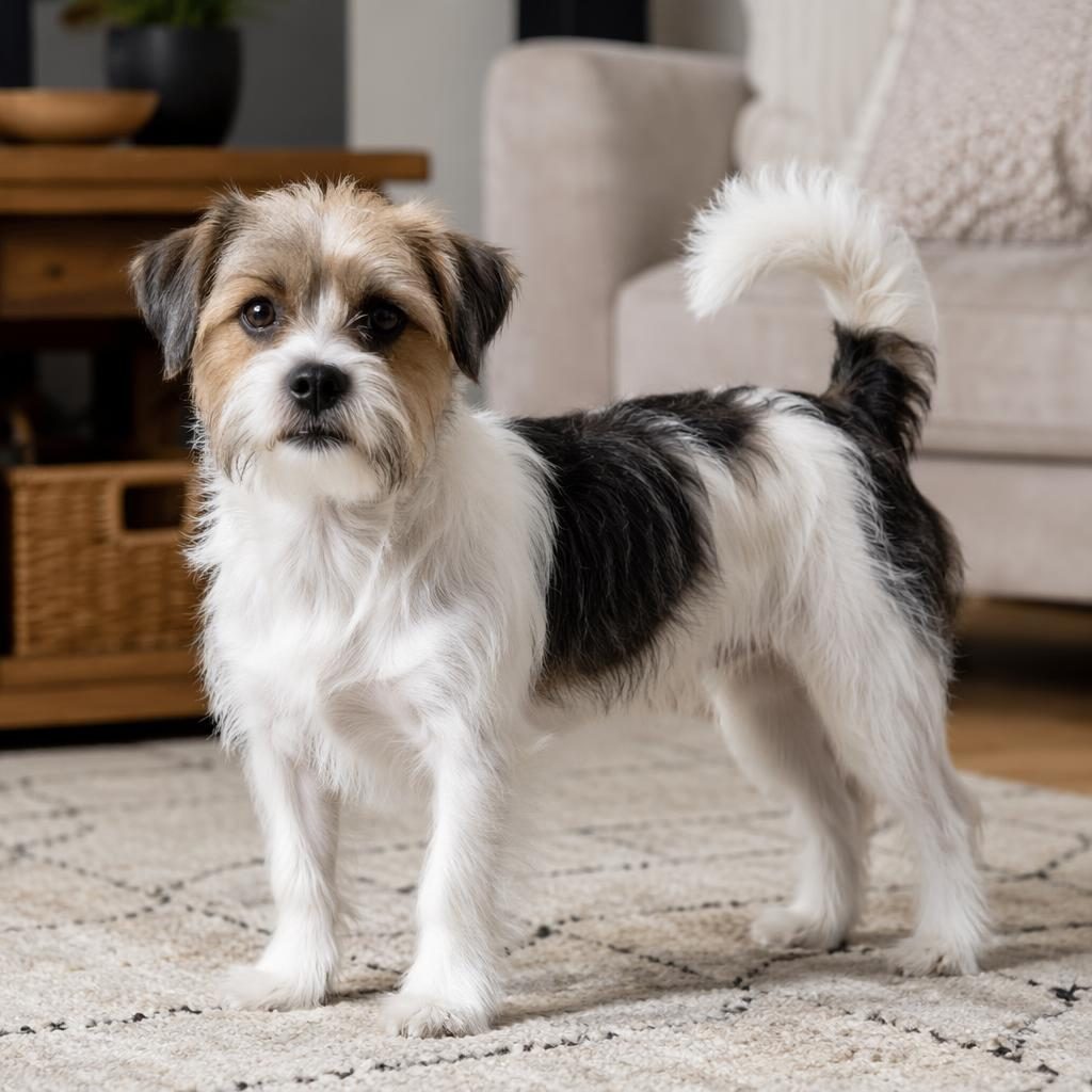 Chien croisé type griffon, seul dans un salon cosy, pelage soigné, expression détendue, lumière naturelle douce