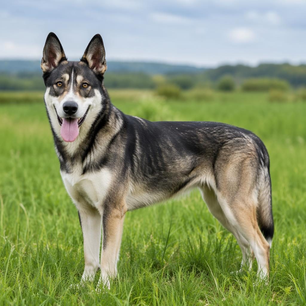 Ein einzelner grauer Pitbull-Greyhound-Mix steht entspannt auf einer Graswiese bei weichem natürlichem Licht.