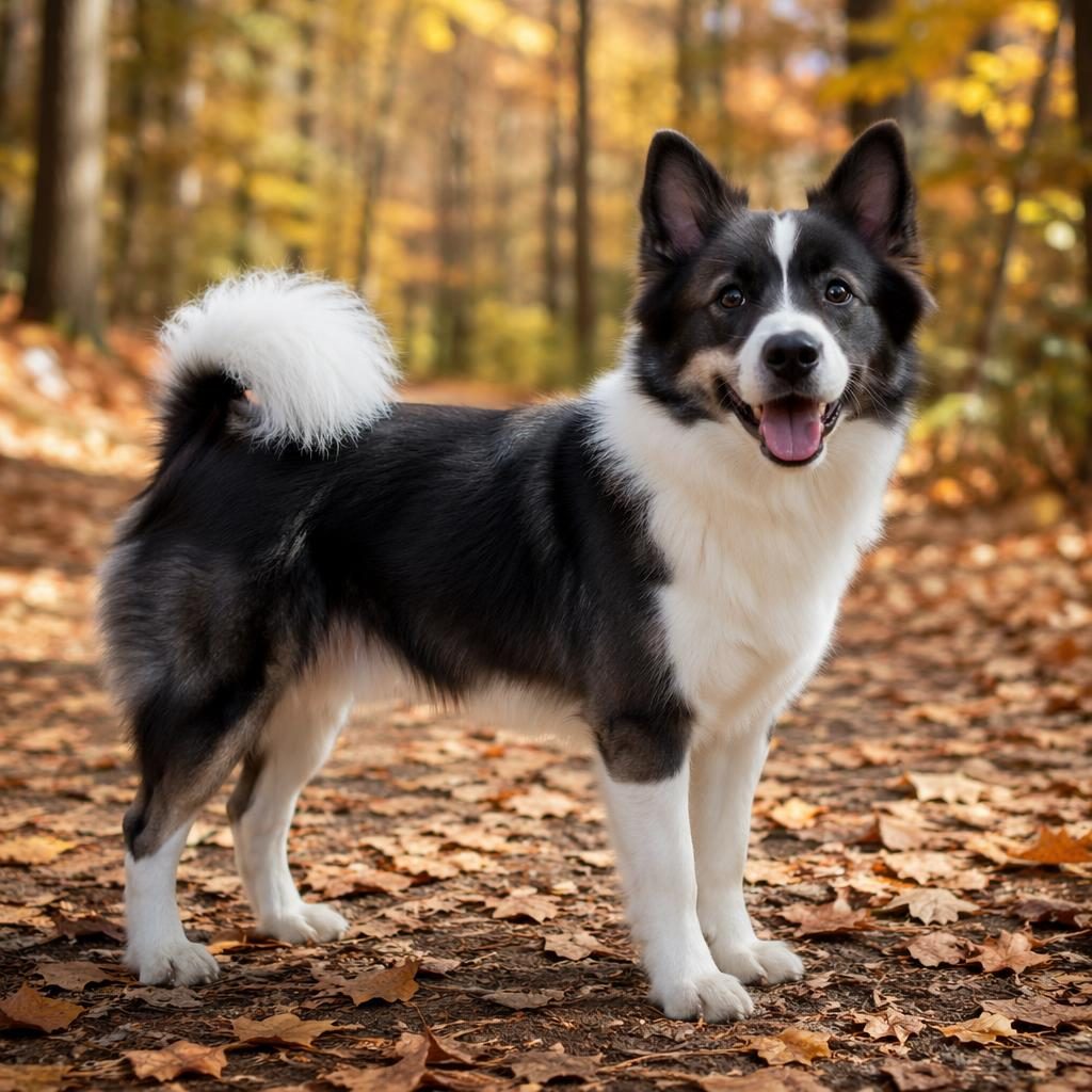 Photoreal hybrid dog resembling a springer spaniel lab mix standing in an autumn forest, relaxed and friendly.